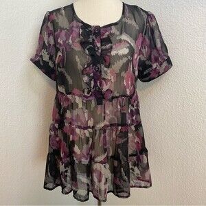 Apt 9 Baby Doll Peasant Sheer Ruffles Purple Black Short Slv Top Size M